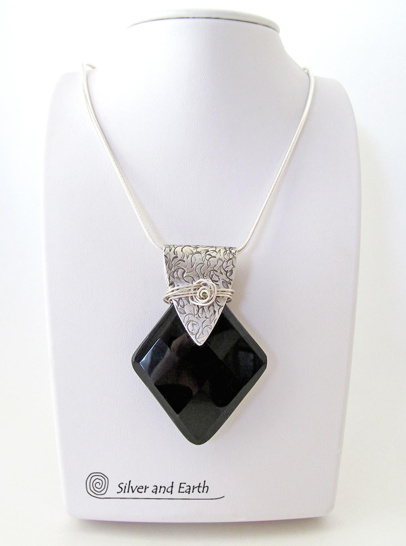 Sterling Silver Necklace with Faceted Black Onyx Gemstone - Unique Jewelr