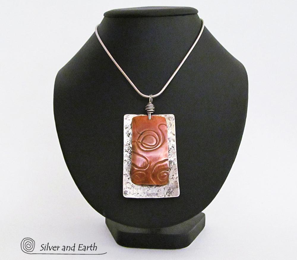 Mixed Metal Pendant Necklace with Textured Sterling Silver & Copper