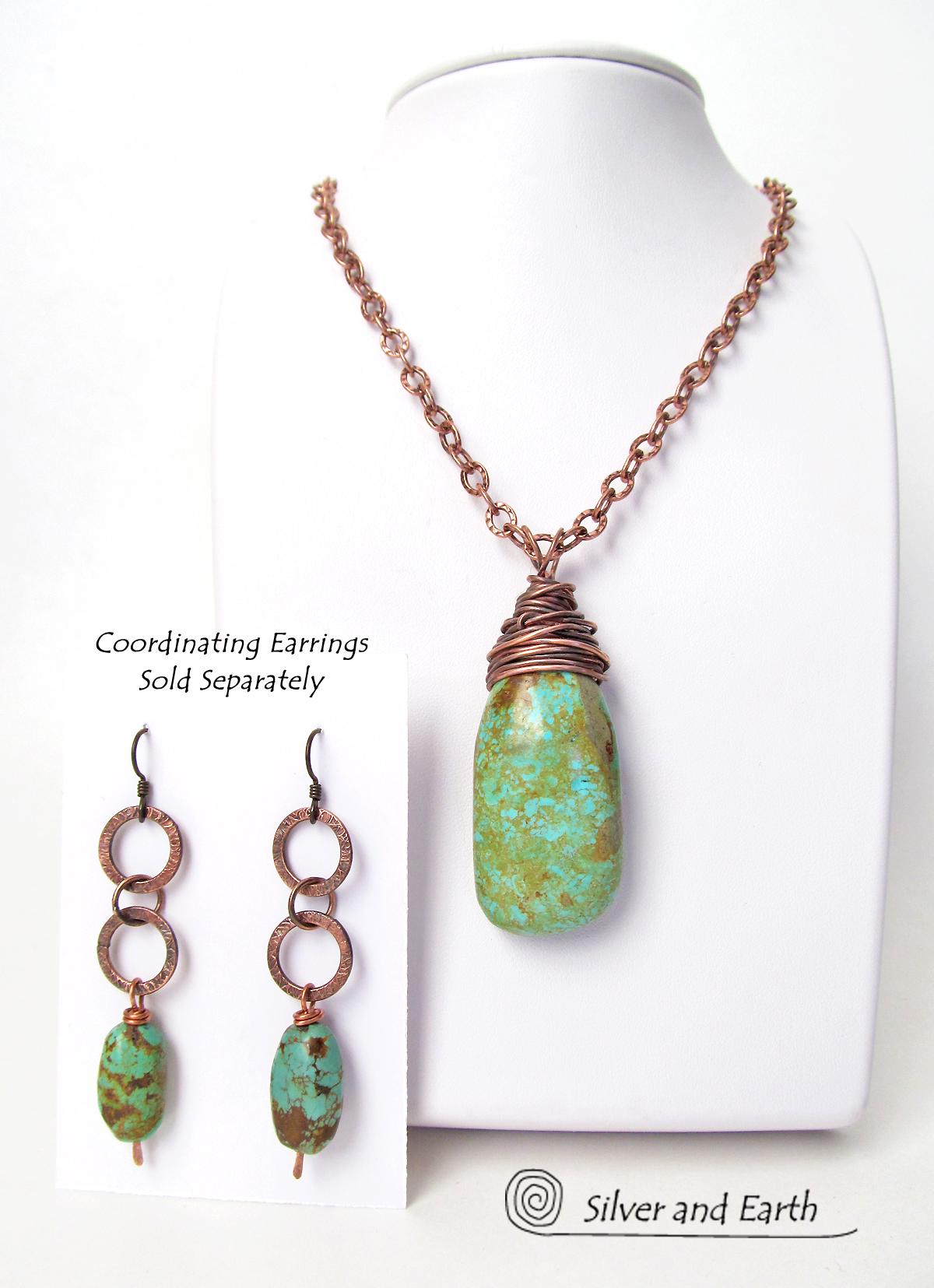 Kingman Turquoise Pendant with Textured Copper Chain - American Turquoise Jewelr