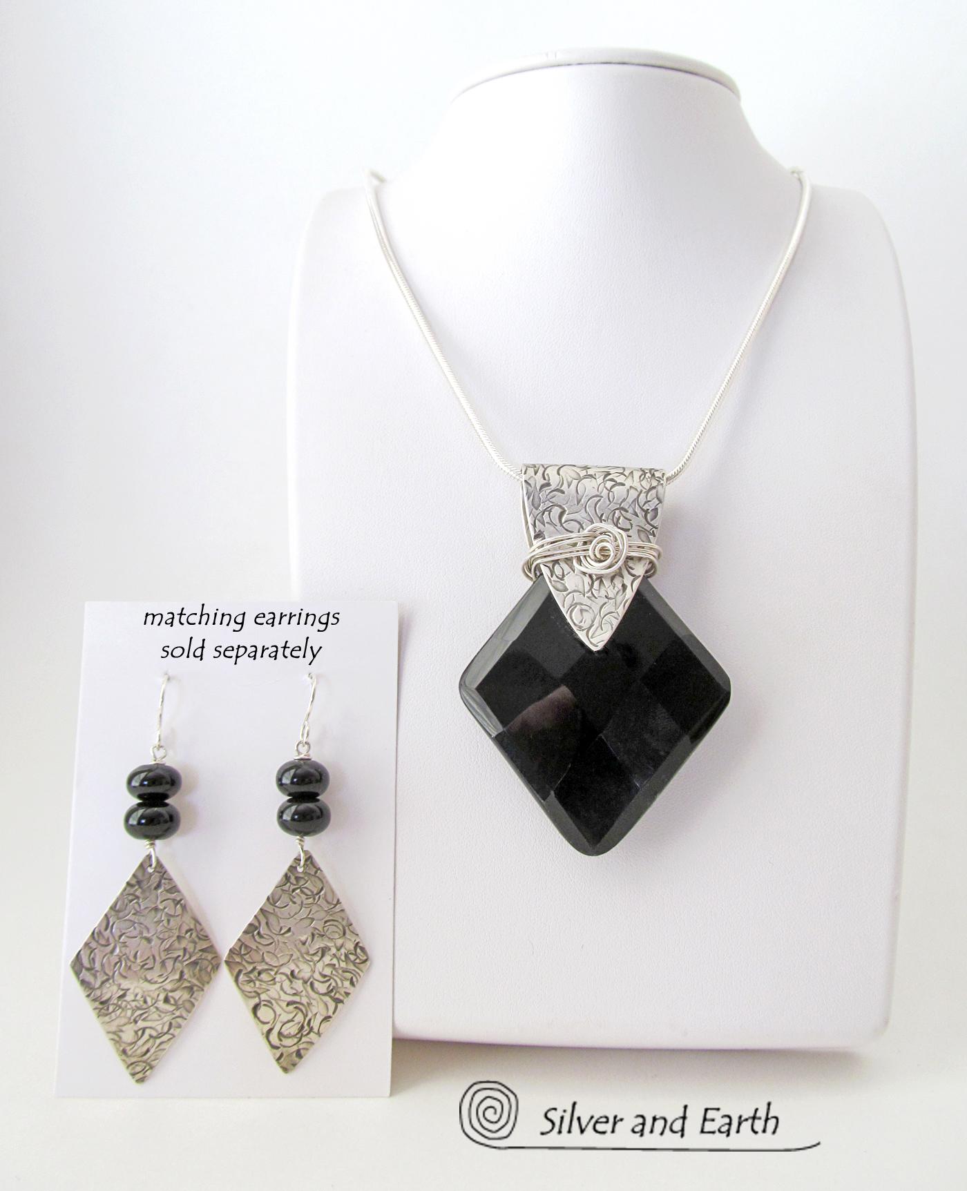 Sterling Silver Necklace with Faceted Black Onyx Gemstone - Unique Jewelr