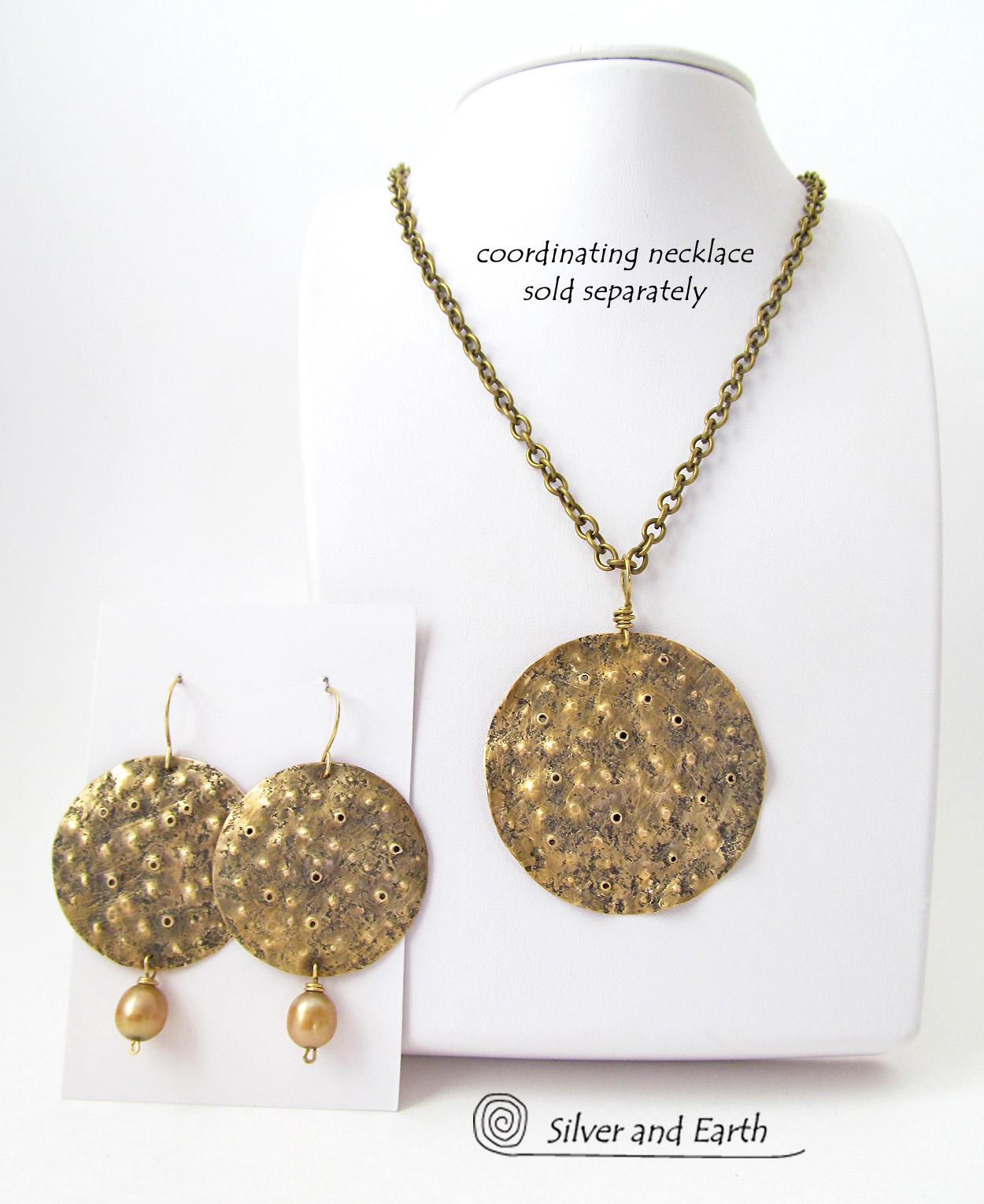 Large Gold Brass Earrings with Pearl Dangles - Earthy Organic Modern Jewelry