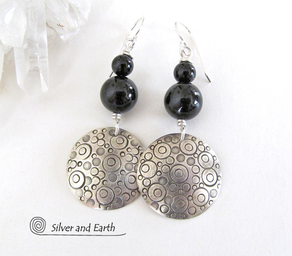 Sterling Silver Earrings with Black Onyx Stones - Modern Silver Jewelry