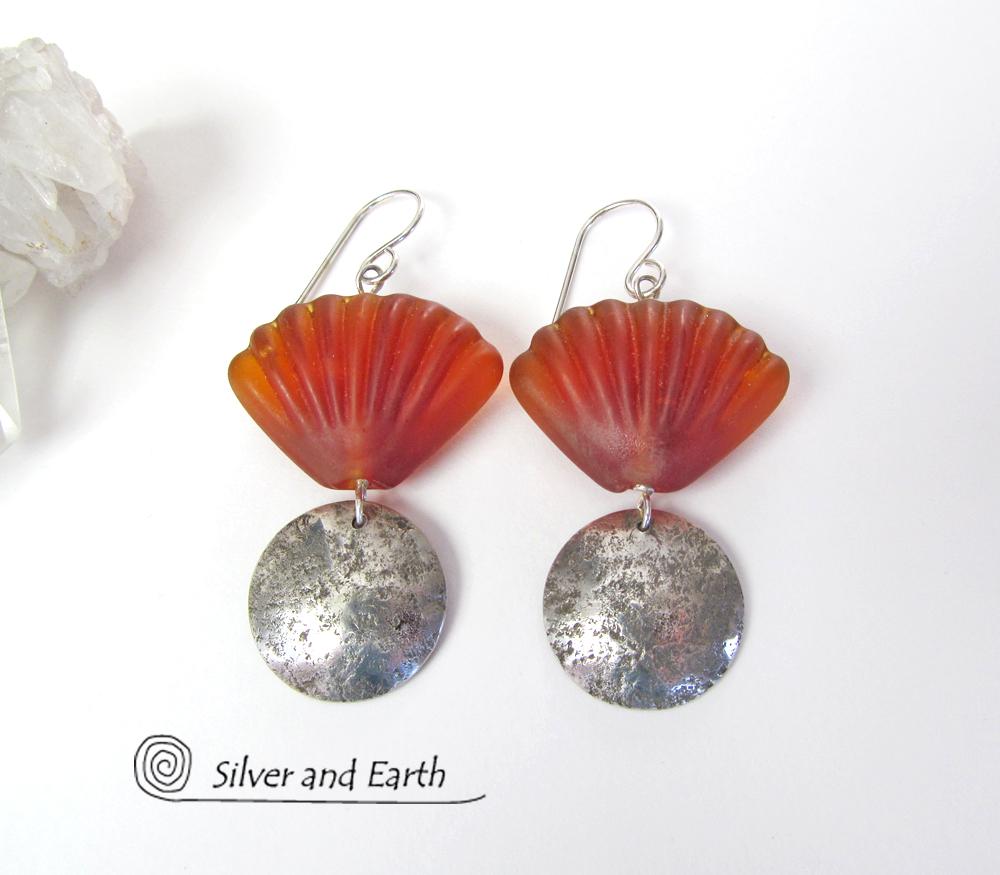 Sterling Silver Earrings with Orange Shell Shaped Glass Beads - Tropical Jewelry