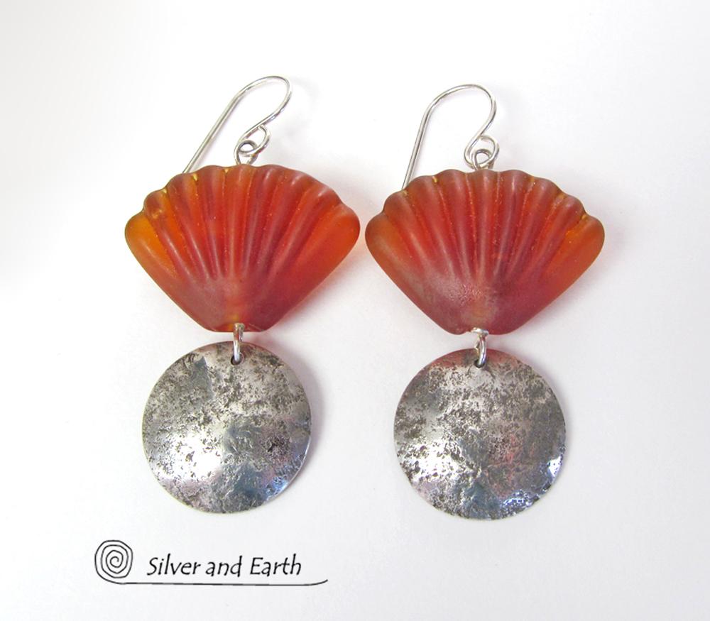 Sterling Silver Earrings with Orange Shell Shaped Glass Beads - Tropical Jewelry