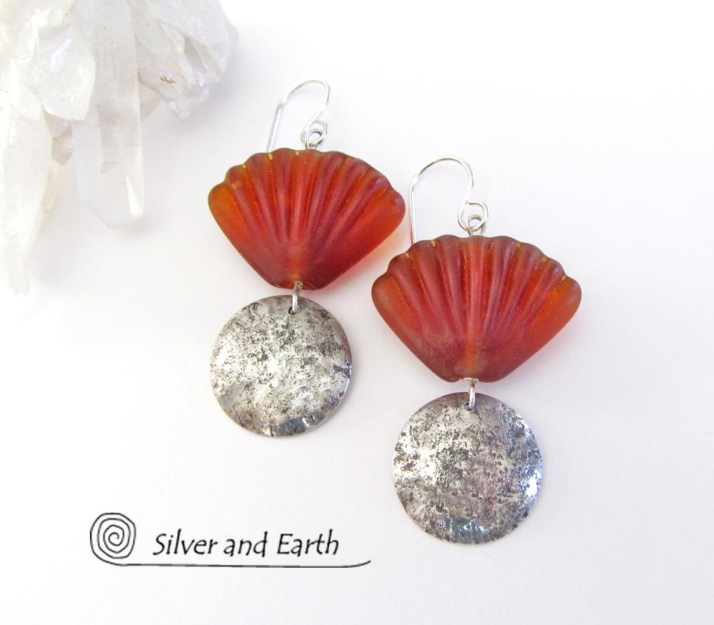 Sterling Silver Earrings with Orange Shell Shaped Glass Beads - Tropical Jewelry