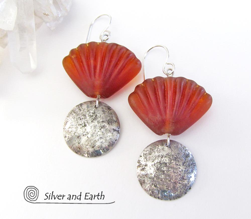 Sterling Silver Earrings with Orange Shell Shaped Glass Beads