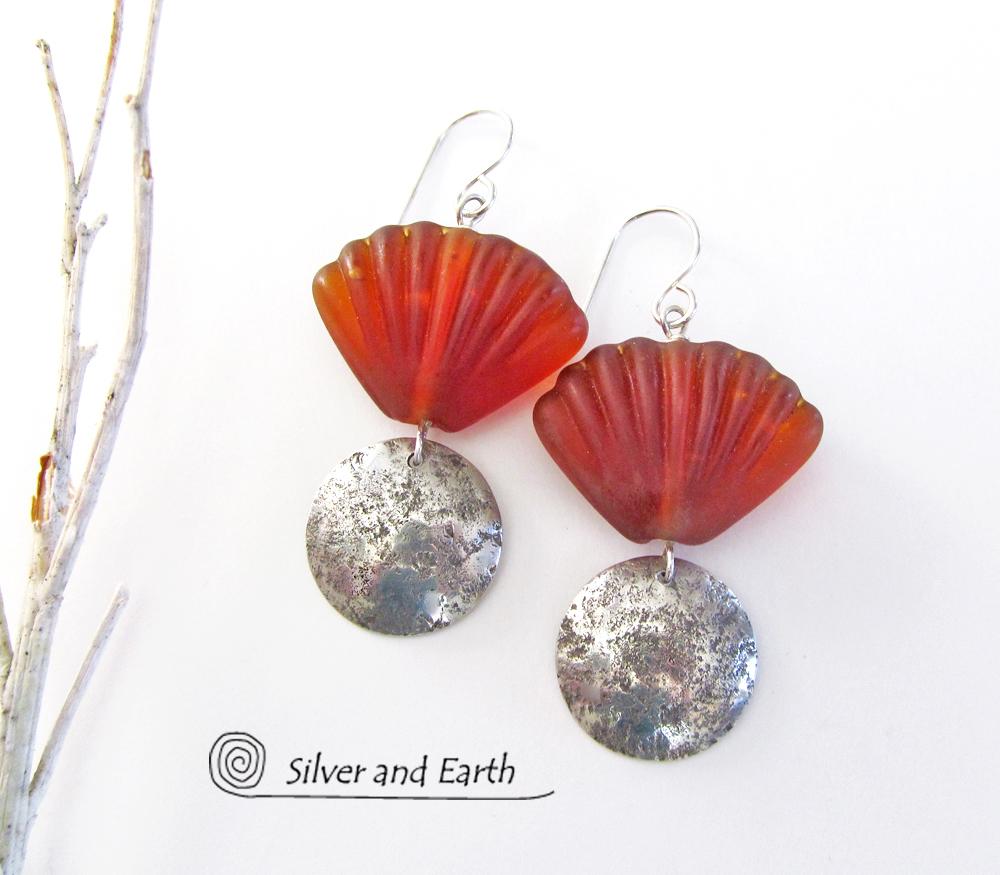 Sterling Silver Earrings with Orange Shell Shaped Glass Beads - Tropical Jewelry