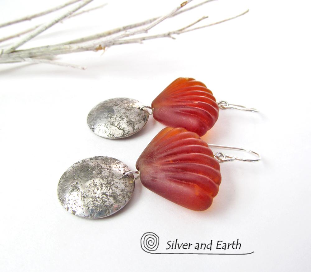 Sterling Silver Earrings with Orange Shell Shaped Glass Beads - Tropical Jewelry