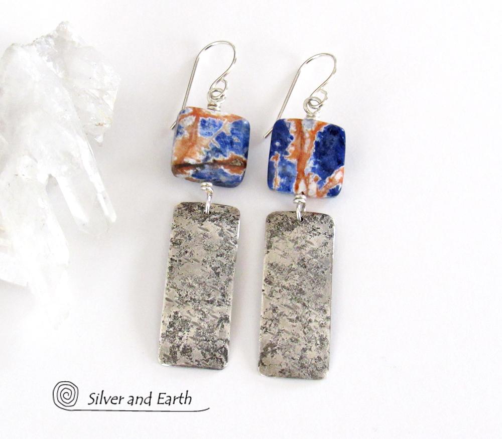 Hammered Sterling Silver Bar Earrings with Orange Sodalite Gemstones