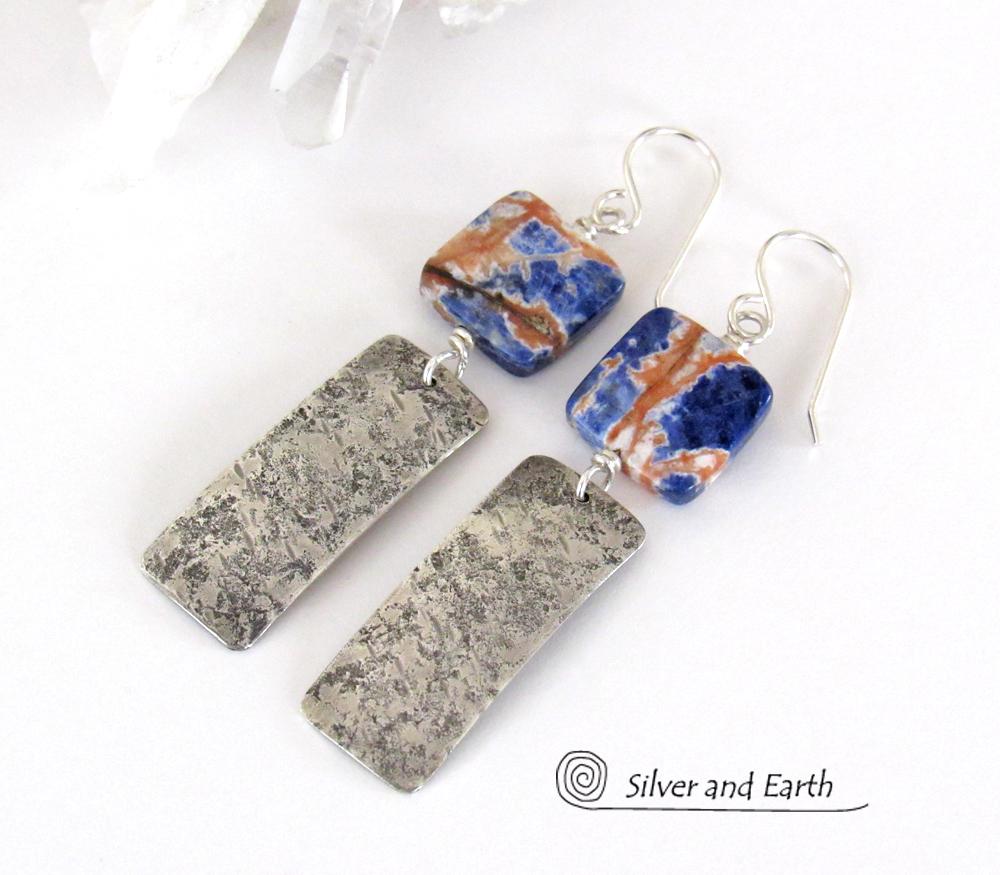 Hammered Sterling Silver Bar Earrings with Orange Sodalite Gemstones