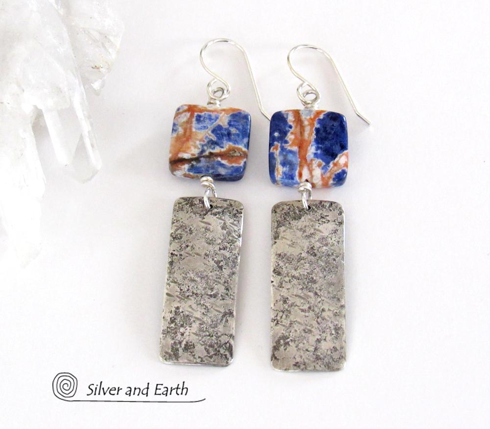 Hammered Sterling Silver Bar Earrings with Orange Sodalite Gemstones