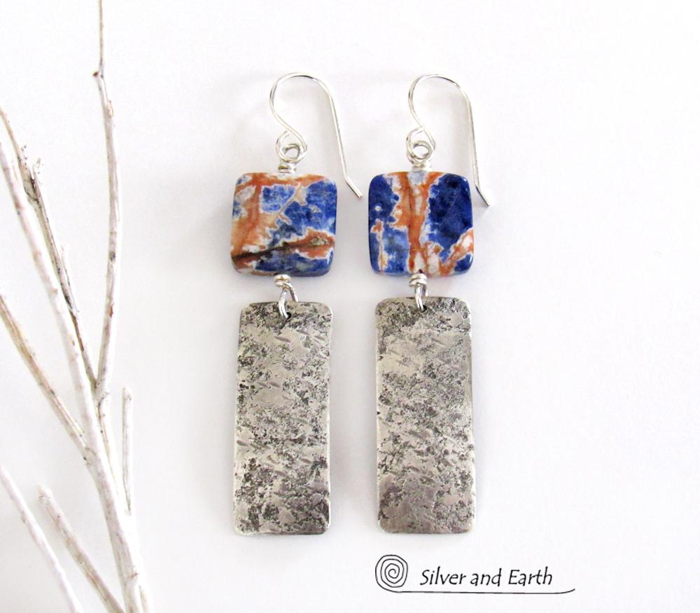 Hammered Sterling Silver Bar Earrings with Orange Sodalite Gemstones