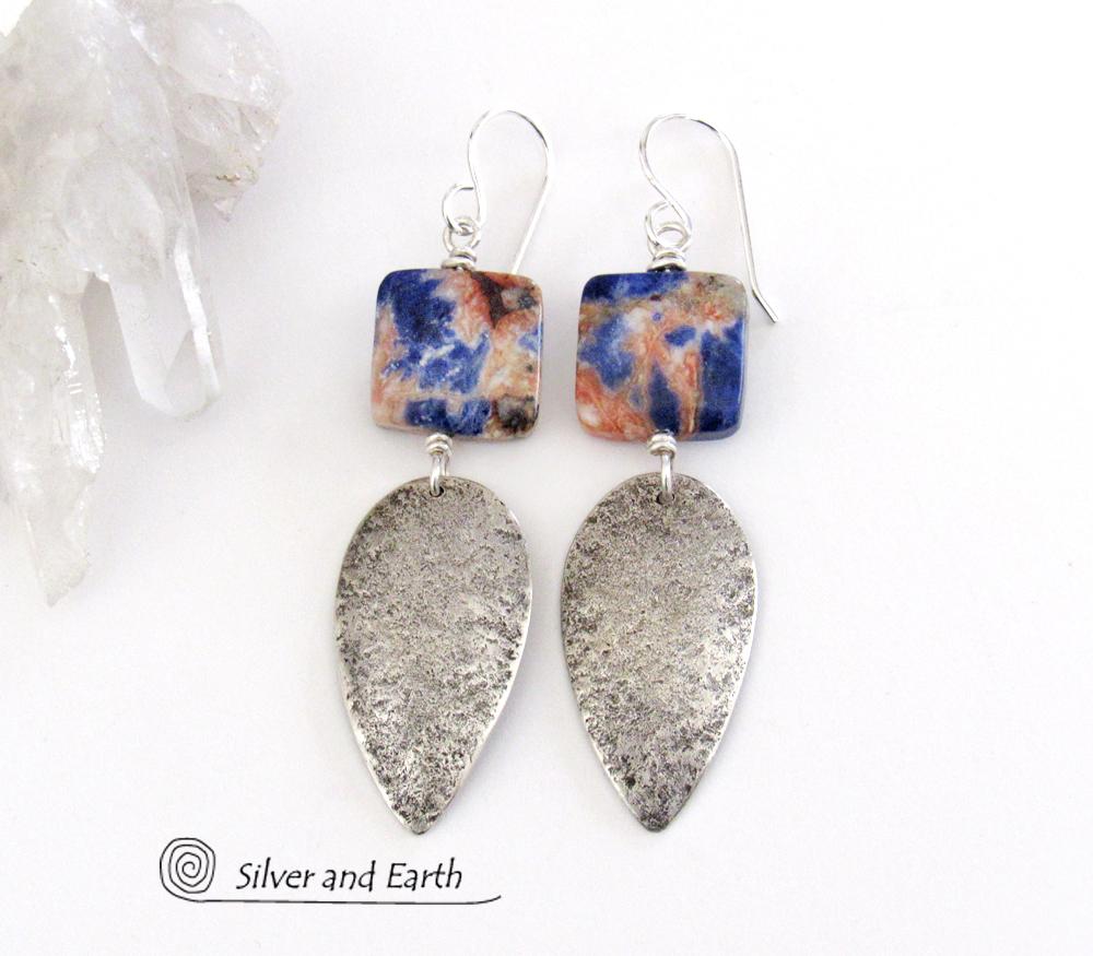 Sterling Silver Dangle Earrings with Orange & Blue Sodalite Natural Stones