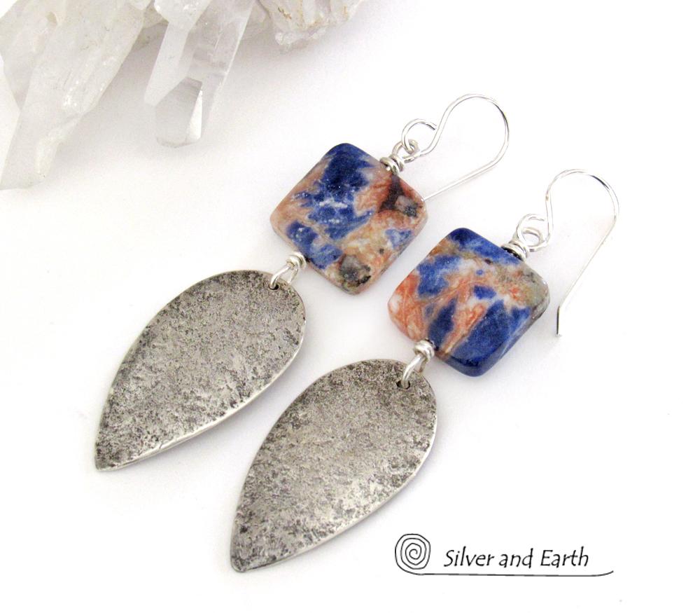 Sterling Silver Dangle Earrings with Orange & Blue Sodalite Natural Stones