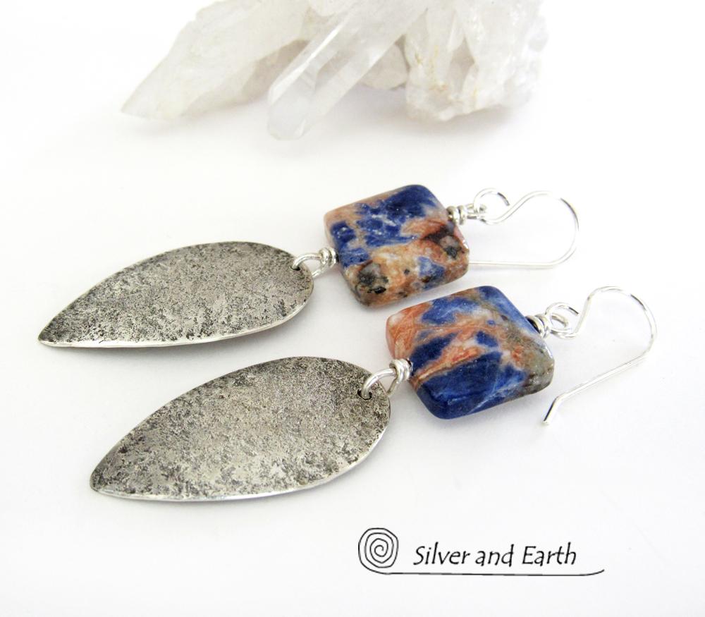 Sterling Silver Dangle Earrings with Orange & Blue Sodalite Natural Stones