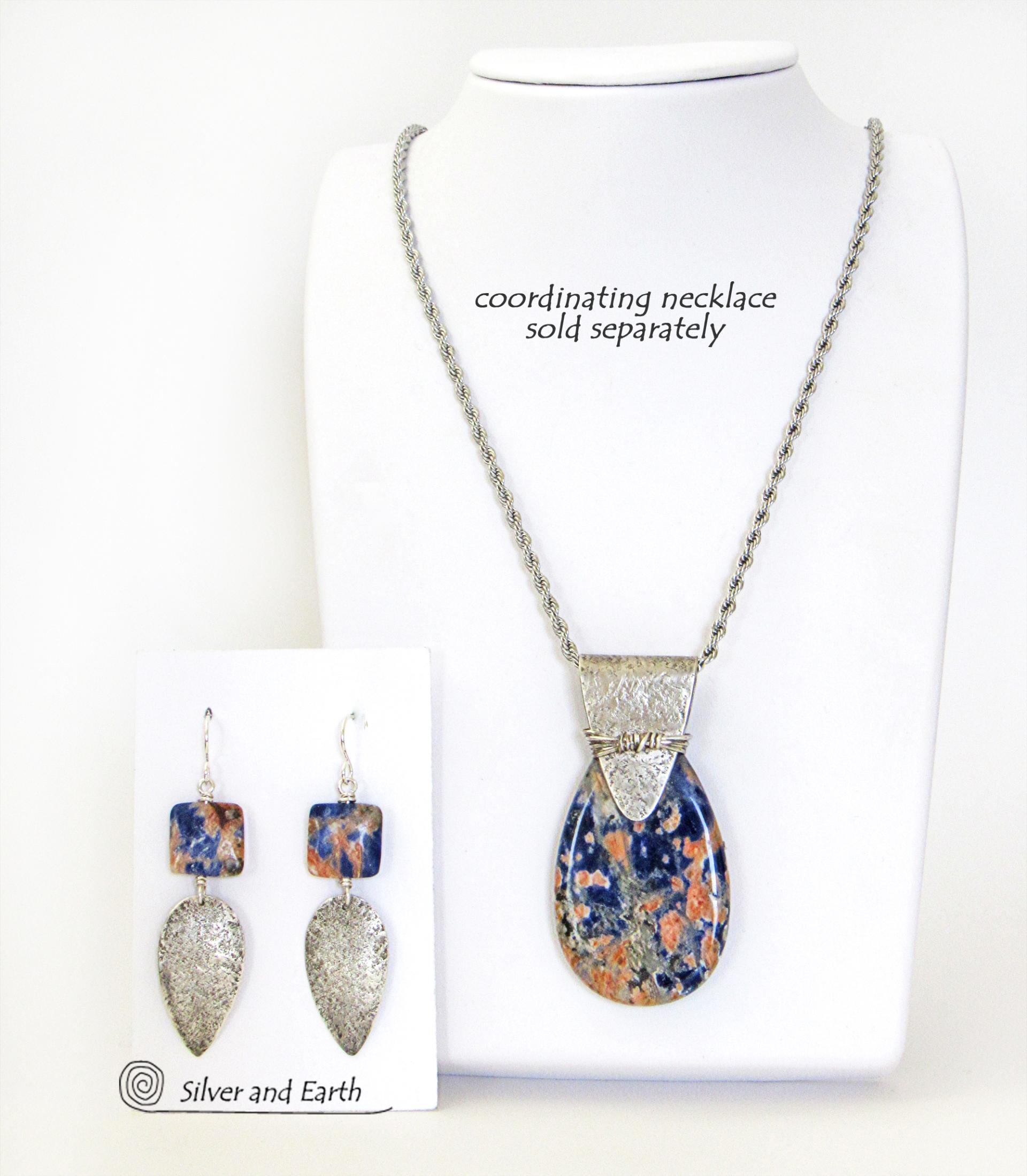 Sterling Silver Dangle Earrings with Orange & Blue Sodalite Natural Stones