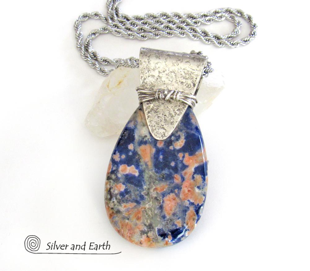 Orange Blue Sodalite Sterling Silver Necklace - Unique Gemstone Jewelry