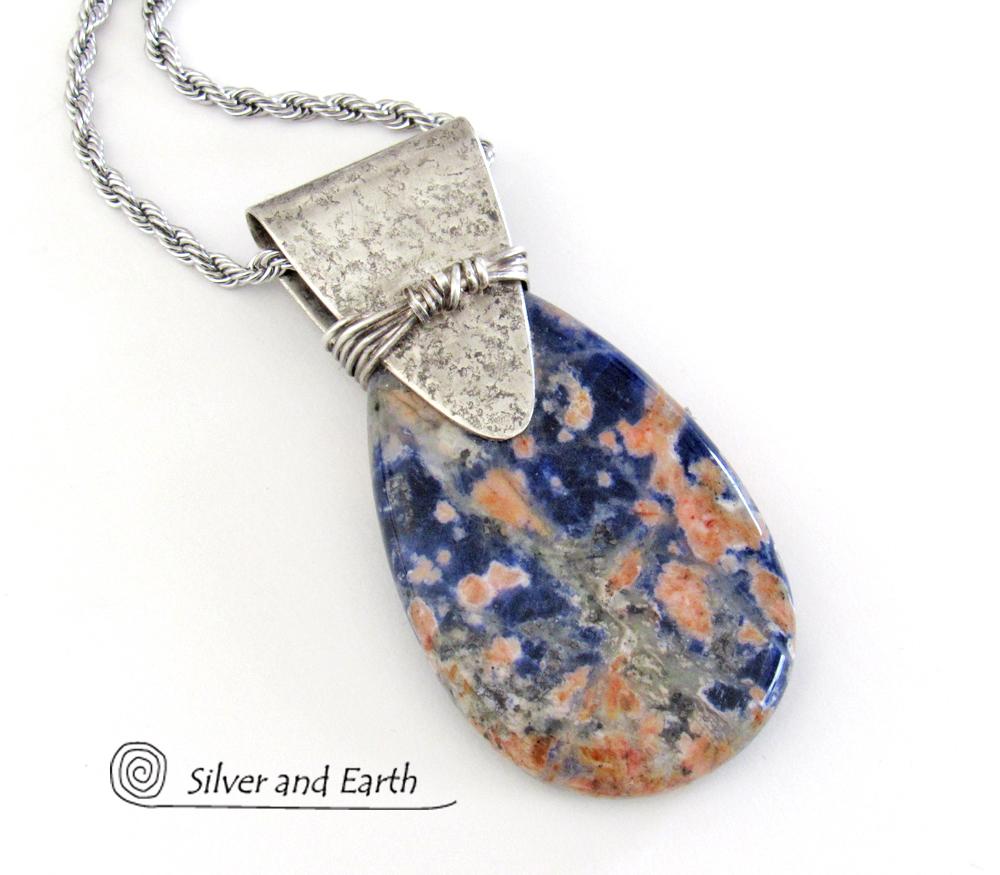 Orange Blue Sodalite Sterling Silver Necklace - Unique Gemstone Jewelry