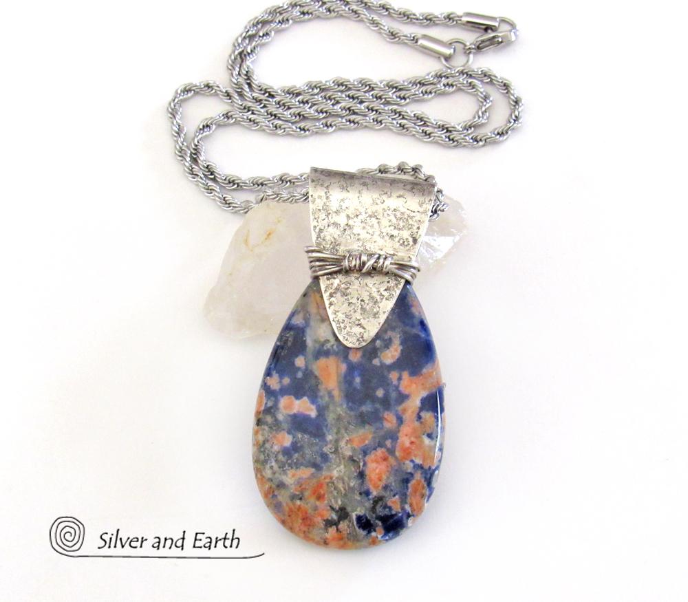 Orange Blue Sodalite Sterling Silver Necklace - Unique Gemstone Jewelry