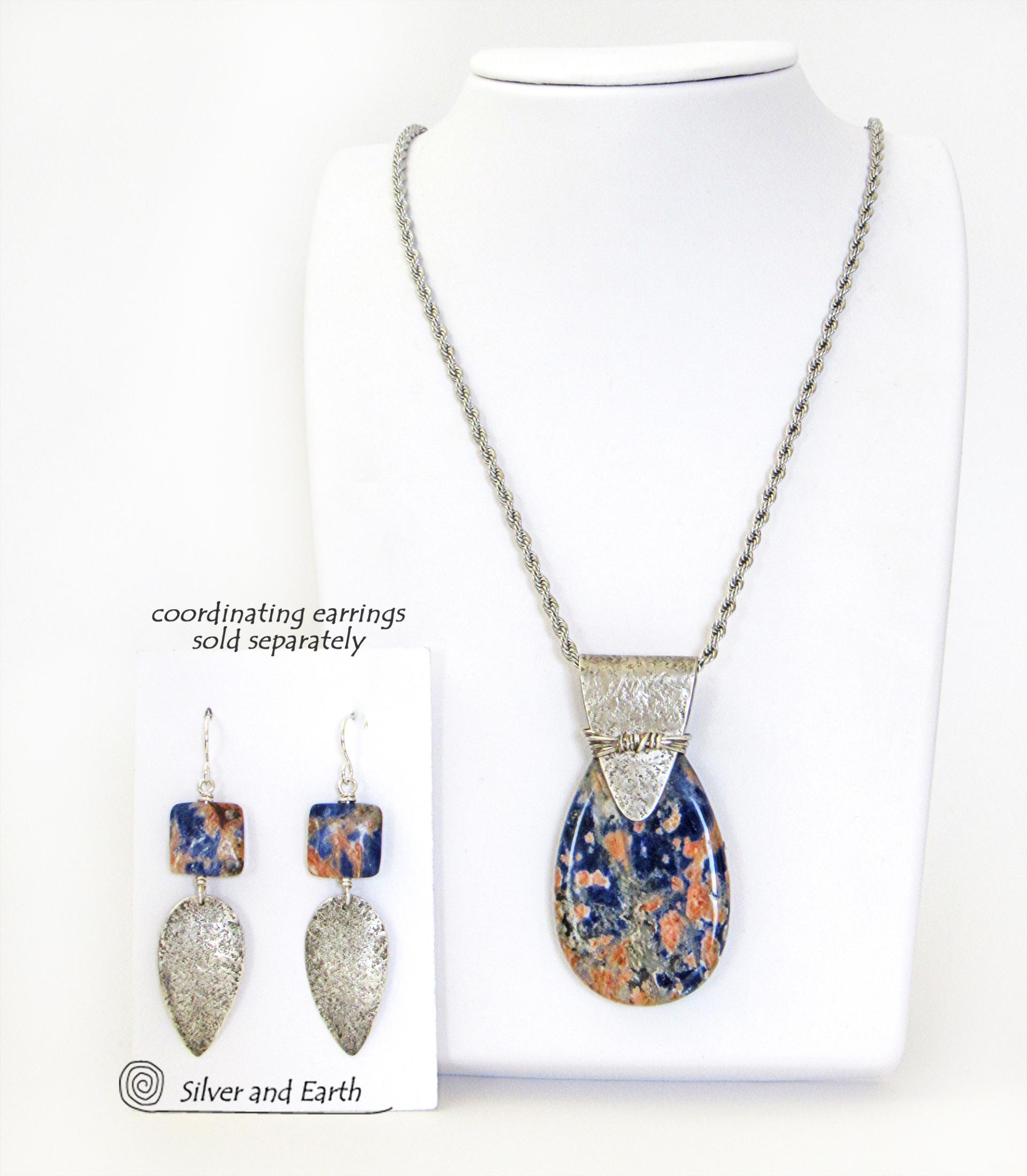 Orange Blue Sodalite Sterling Silver Necklace - Unique Gemstone Jewelry