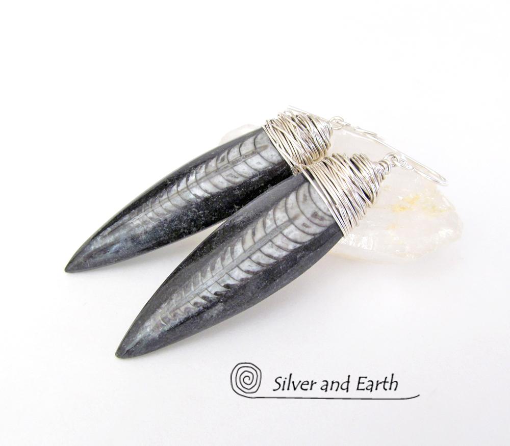 Orthoceras Fossil Earrings Wrapped in Sterling Silver - Ancient Fossil Jewelry
