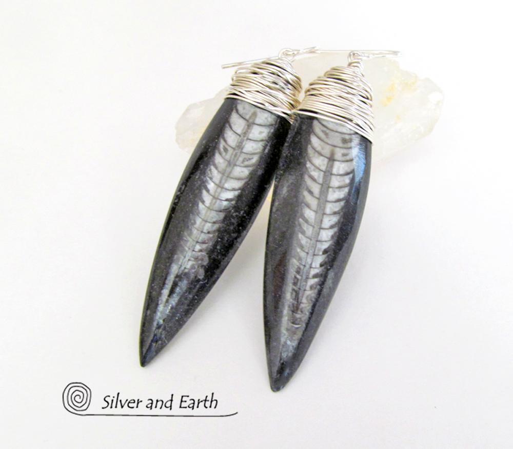Orthoceras Fossil Earrings Wrapped in Sterling Silver - Ancient Fossil Jewelry