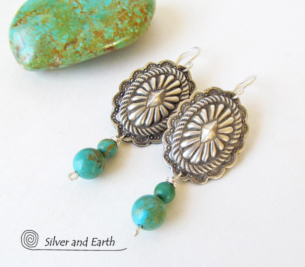 Classic Sterling Silver Flower Burst Concho Earrings with Simulated Turquoise