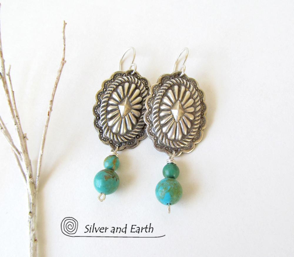 Sterling Silver Concho Earrings with Turquoise - Southwestern Silver Jewelry
