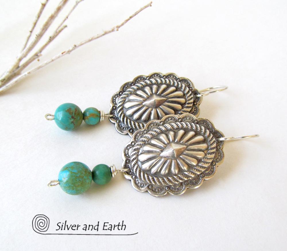 Sterling Silver Concho Earrings with Turquoise - Southwestern Silver Jewelry