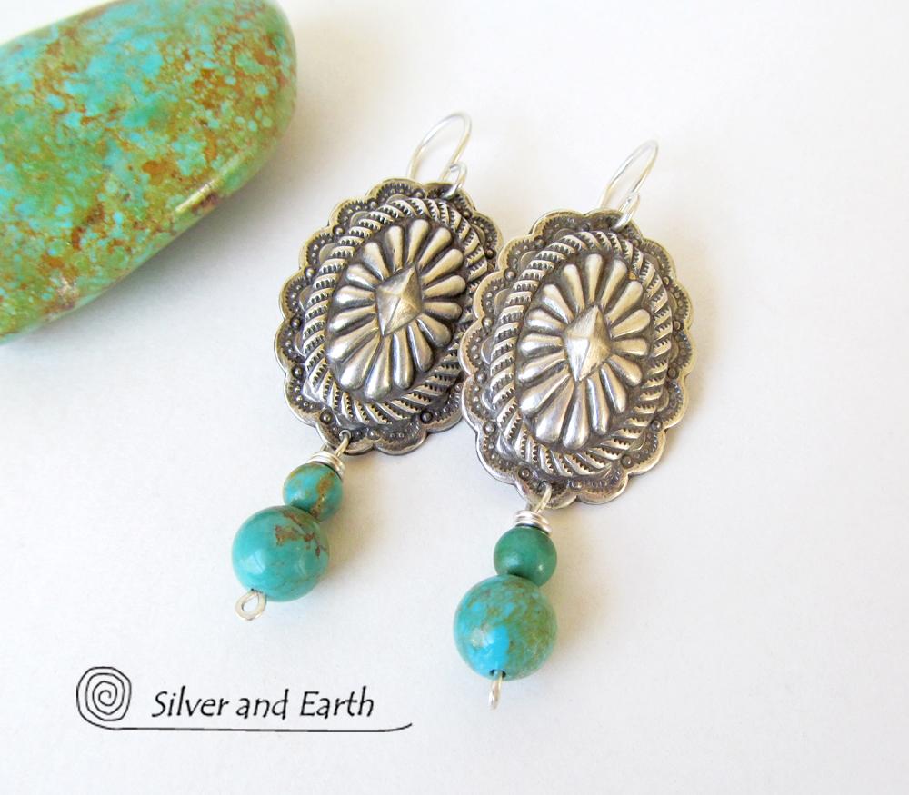 Sterling Silver Concho Earrings with Turquoise - Southwestern Silver Jewelry