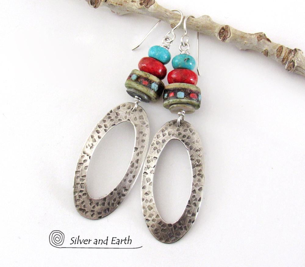 Sterling Silver Hoop Earrings with Turquoise, Coral & African Beads