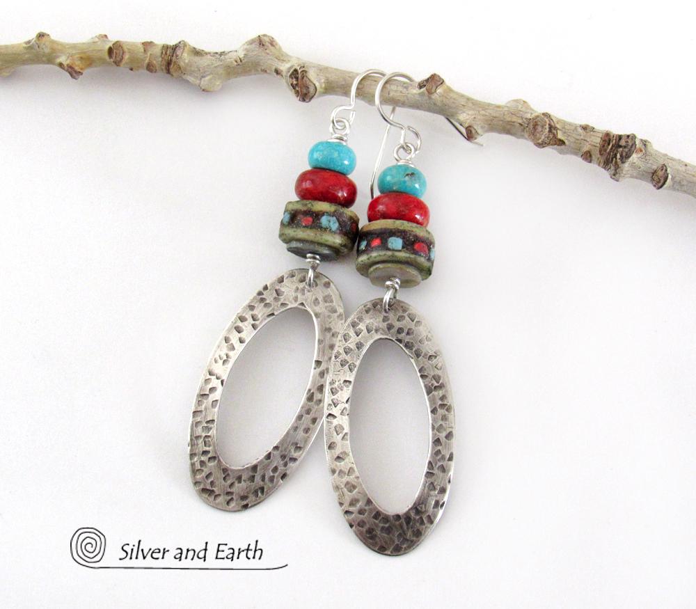 Sterling Silver Hoop Earrings with Turquoise, Coral & African Beads