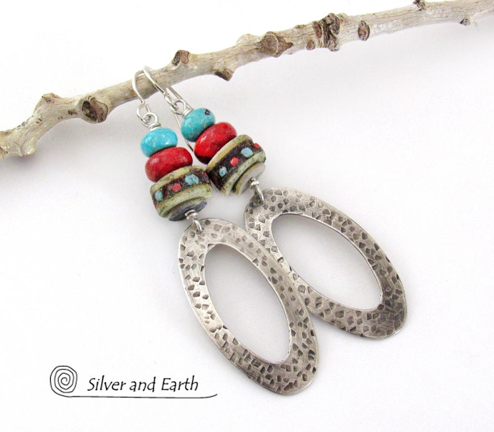Sterling Silver Hoop Earrings with Turquoise, Coral & African Beads