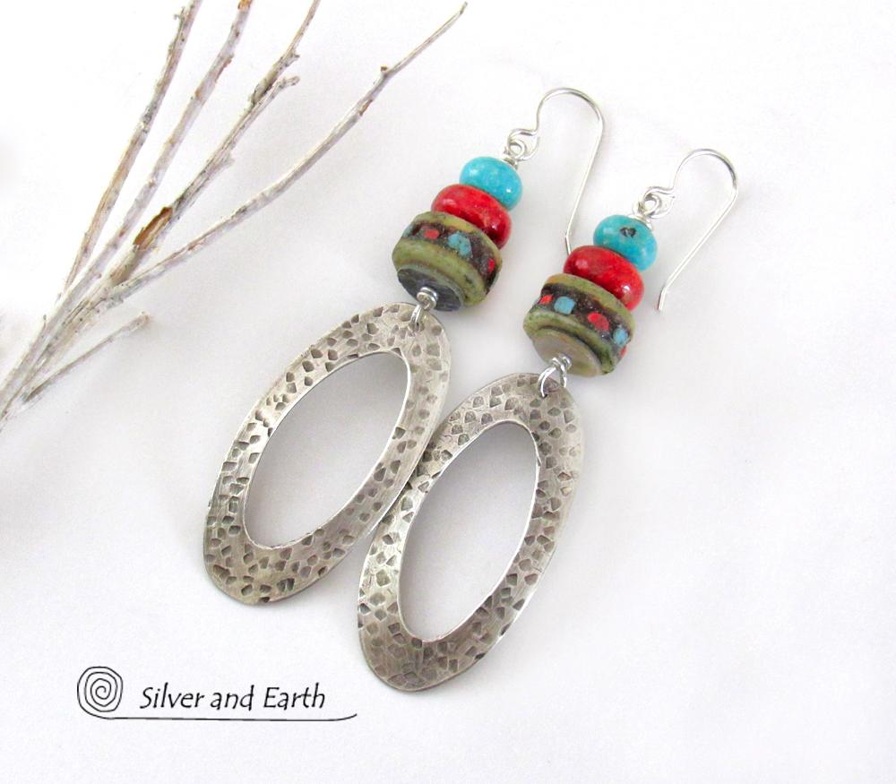 Sterling Silver Hoop Earrings with Turquoise, Coral & African Beads