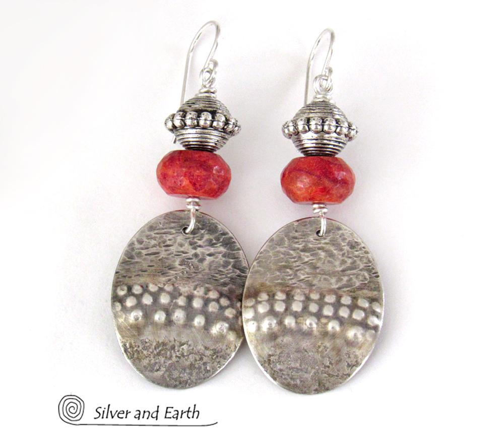 Textured Sterling Silver Earrings with Red Coral - Modern Tribal Jewelry