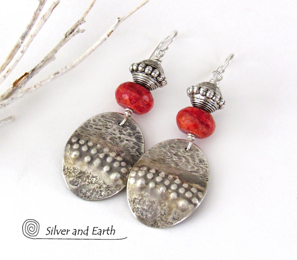 Textured Sterling Silver Earrings with Red Coral - Modern Tribal Jewelry