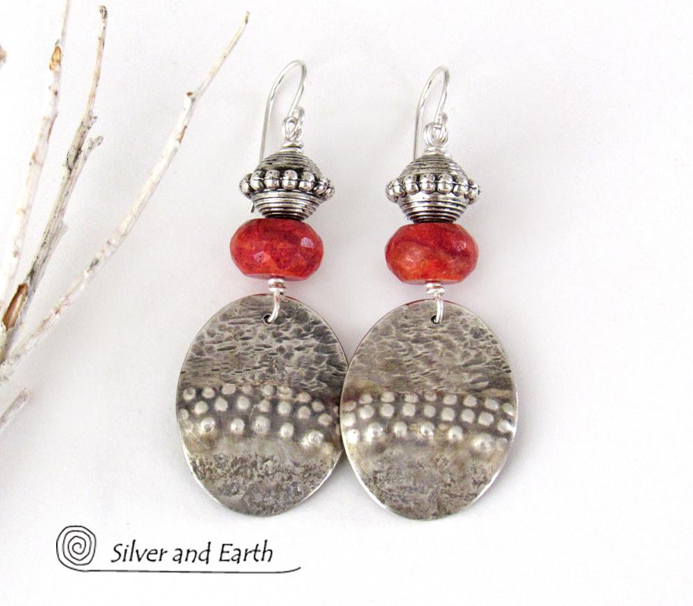 Textured Sterling Silver Earrings with Red Coral - Modern Tribal Jewelry