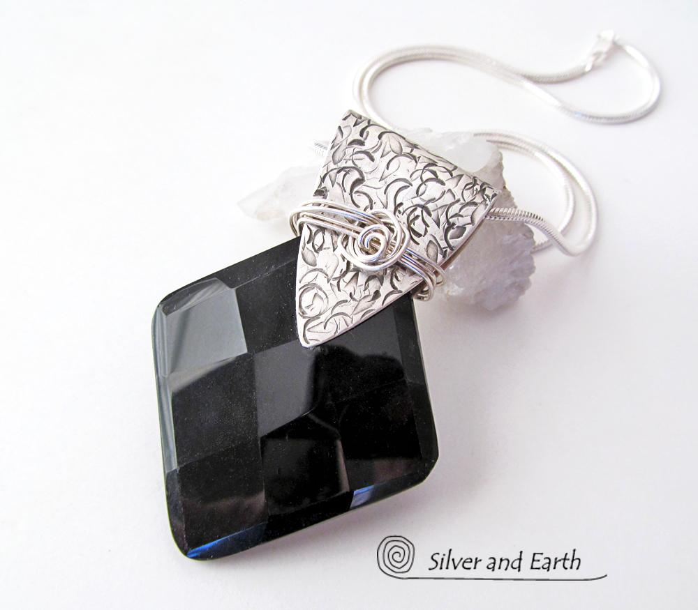 Sterling Silver Necklace with Faceted Black Onyx Gemstone - Unique Jewelr
