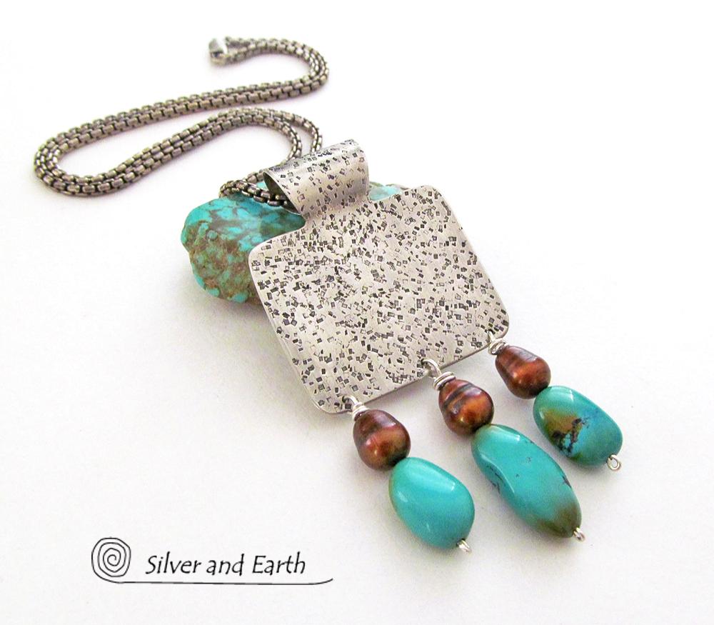 Sterling Silver Necklace with Turquoise and Bronze Pearls