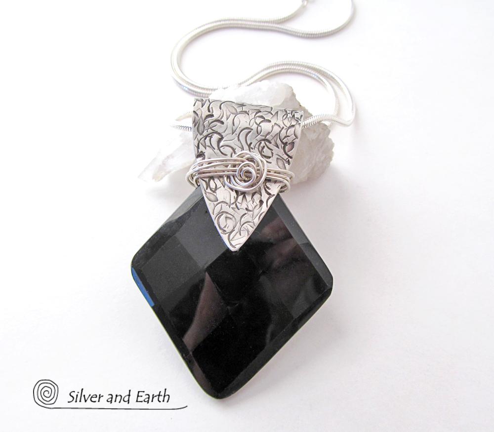 Sterling Silver Necklace with Faceted Black Onyx Gemstone - Unique Jewelr