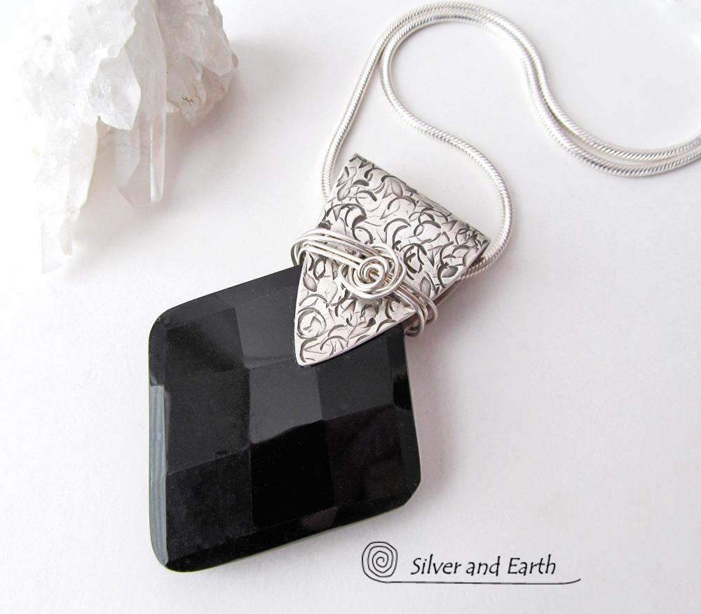 Sterling Silver Necklace with Faceted Black Onyx Gemstone - Unique Jewelr