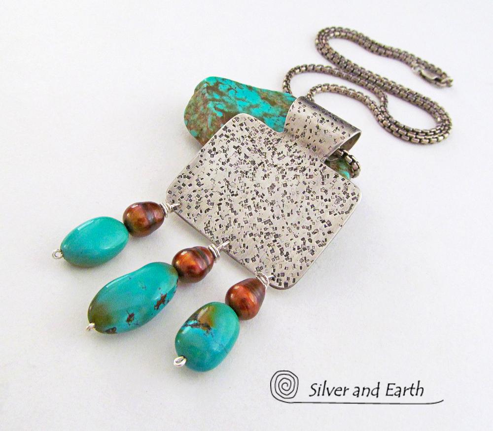 Sterling Silver Necklace with Turquoise and Bronze Pearls