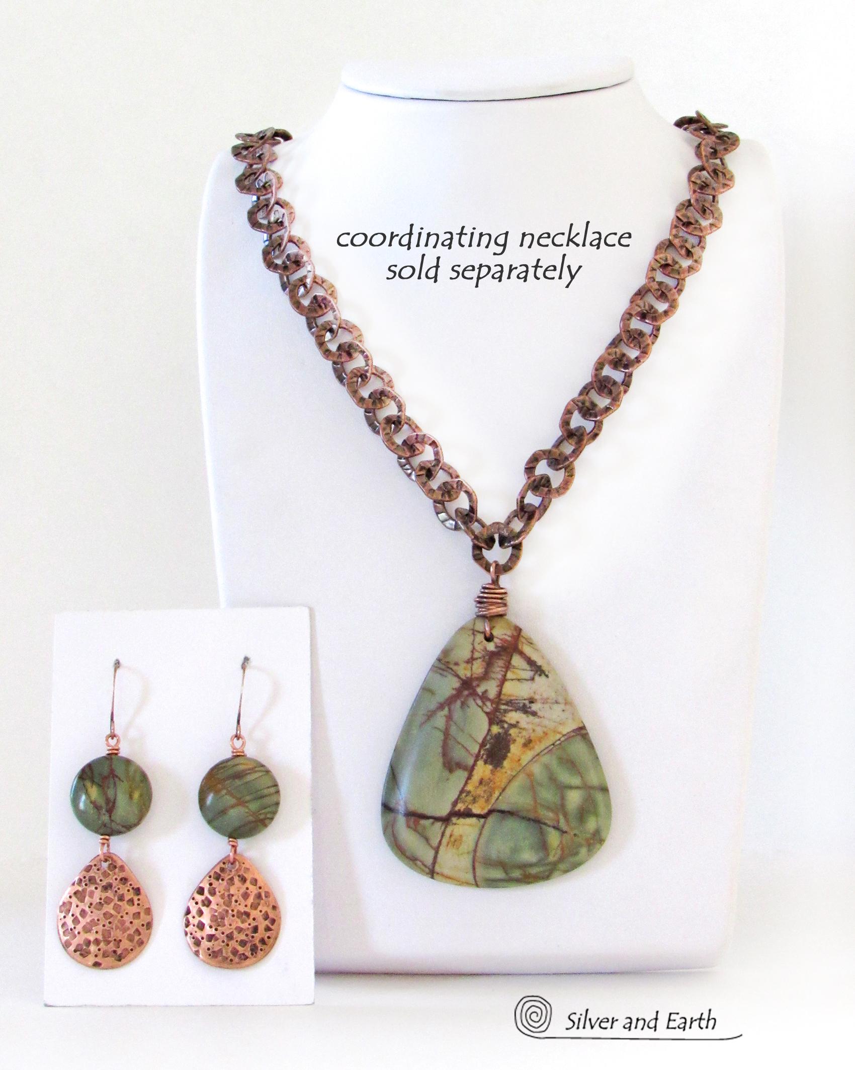 Natural Picasso Jasper Stone Earrings with Textured Copper Dangles