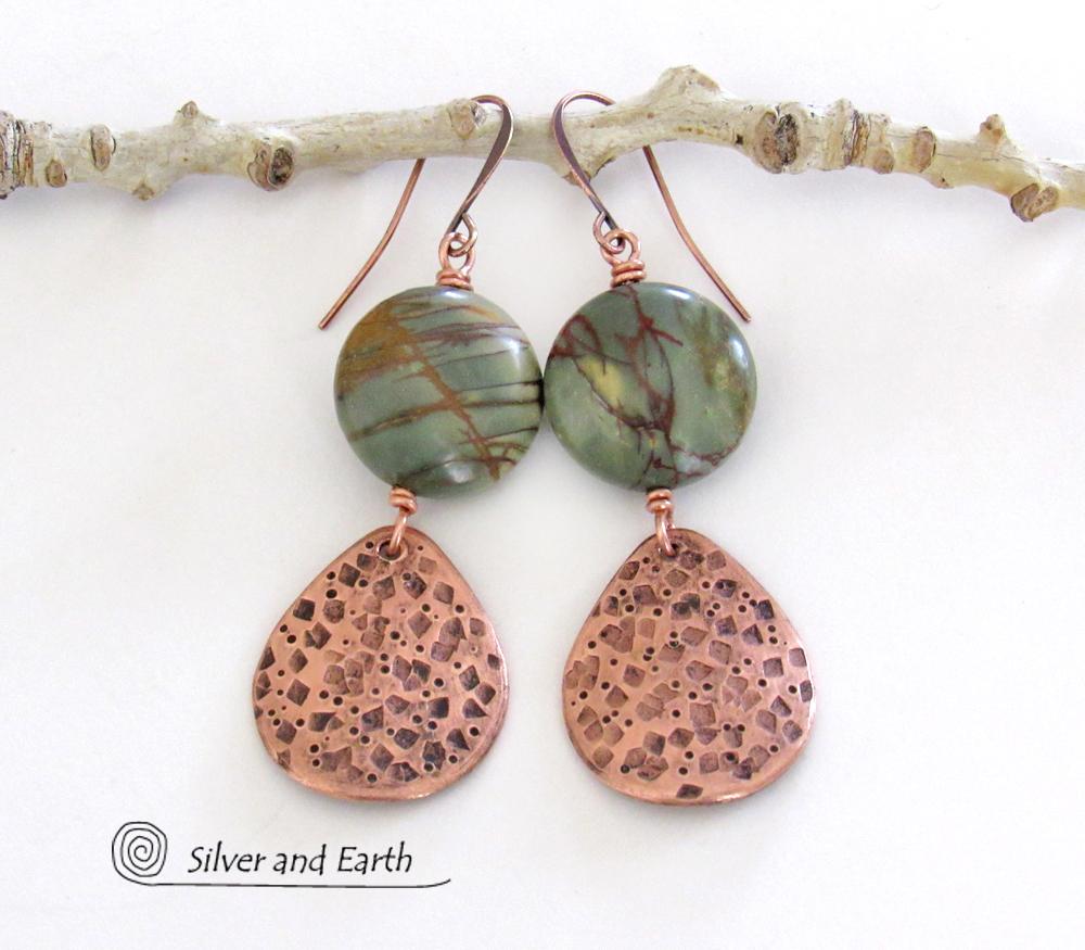 Natural Picasso Jasper Stone Earrings with Textured Copper Dangles