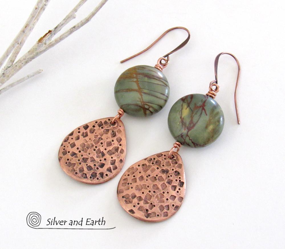 Natural Picasso Jasper Stone Earrings with Textured Copper Dangles