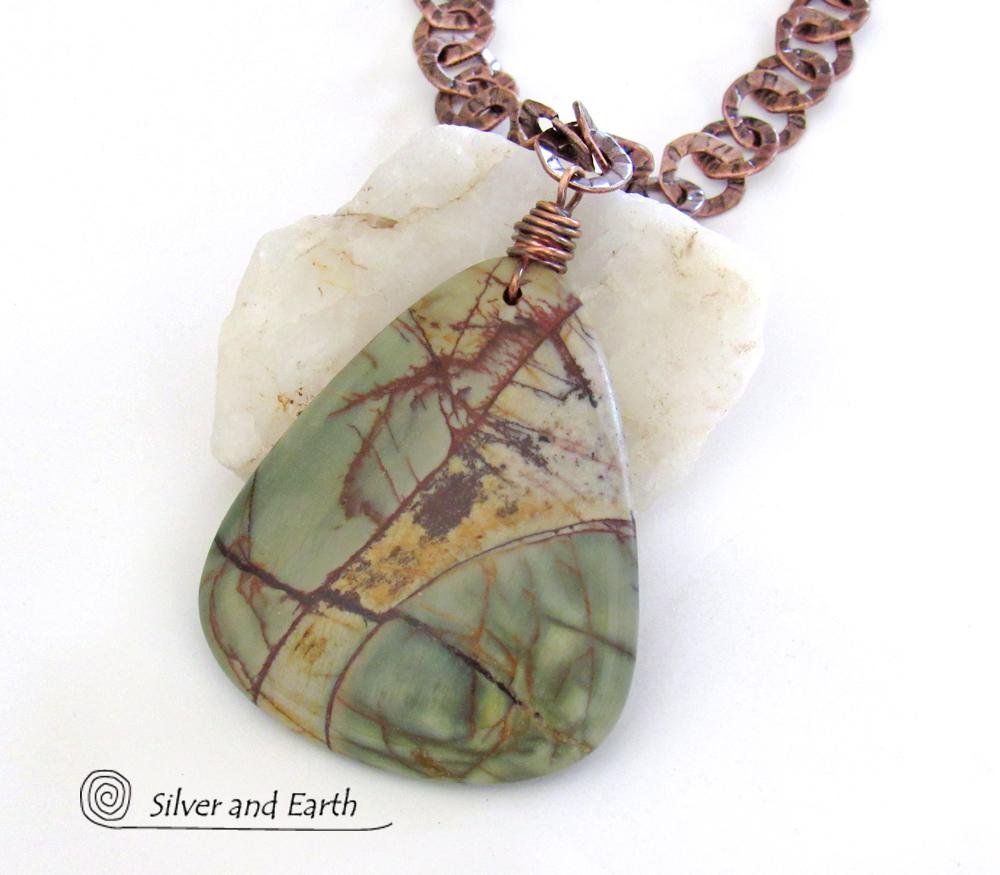 Large Picasso Jasper Stone Pendant on Textured Rustic Copper Chain Necklace
