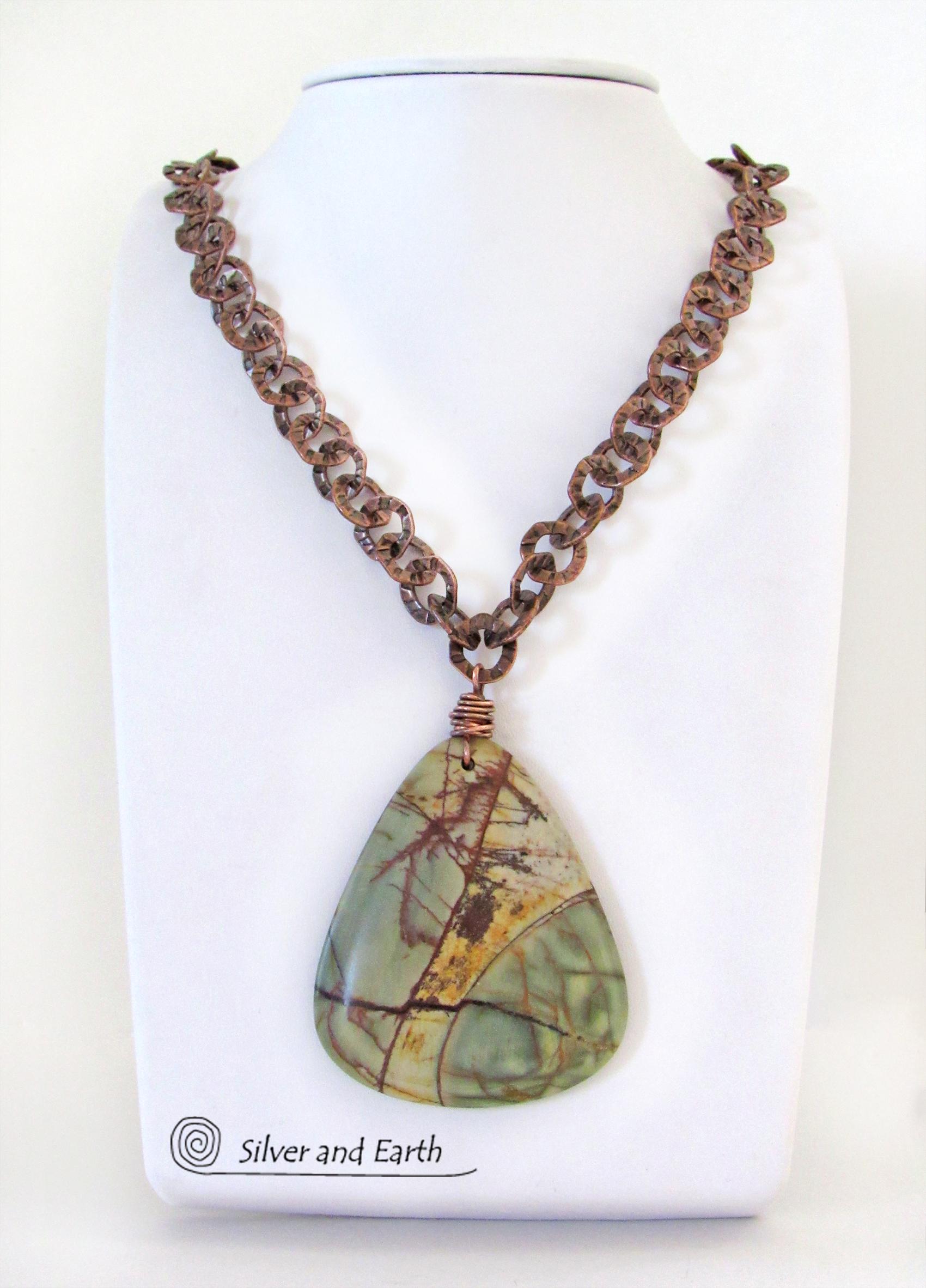 Large Picasso Jasper Stone Pendant on Textured Rustic Copper Chain Necklace