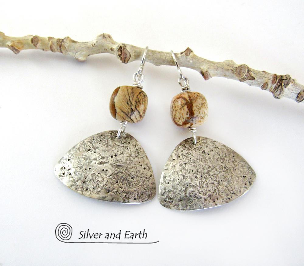 Textured Sterling Silver Dangle Earrings with Picture Jasper Stones
