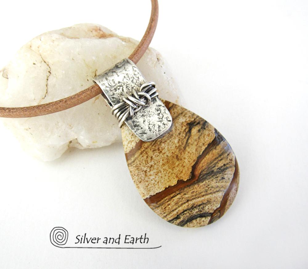 Picture Jasper Sterling Silver Pendant Necklace - Earthy Natural Stone Jewelry