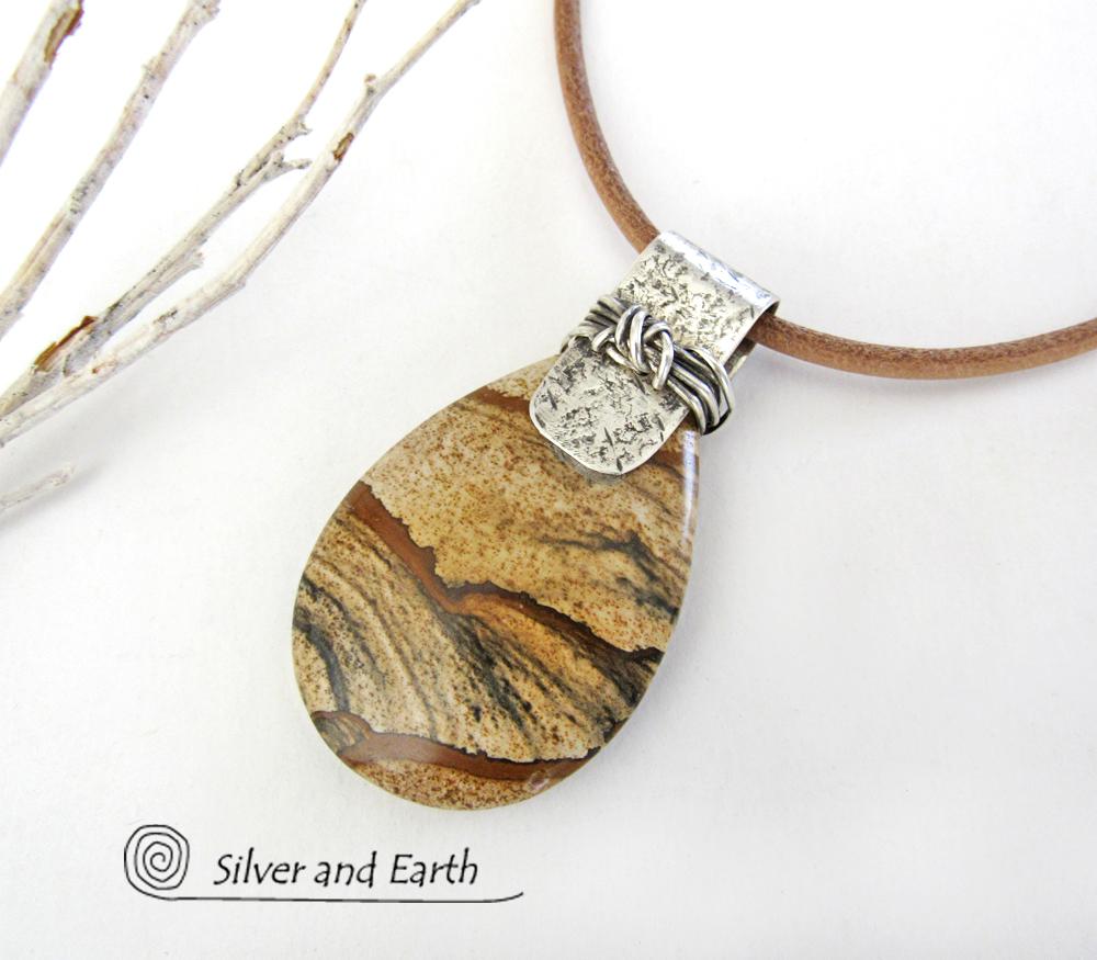 Picture Jasper Sterling Silver Pendant Necklace - Earthy Natural Stone Jewelry
